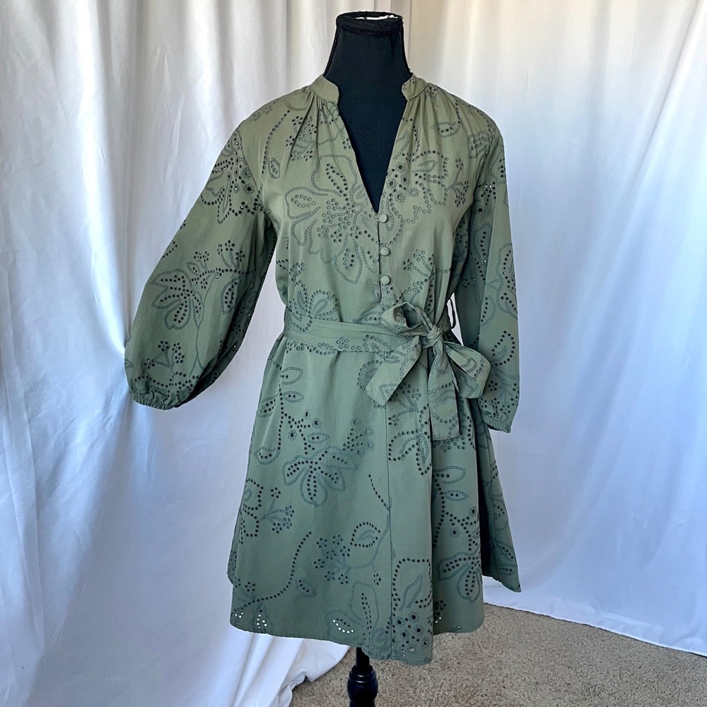 Zara Rubberized Eyelet Embroidery  Dress Sz S Olive Green 3/4 Sleeve
